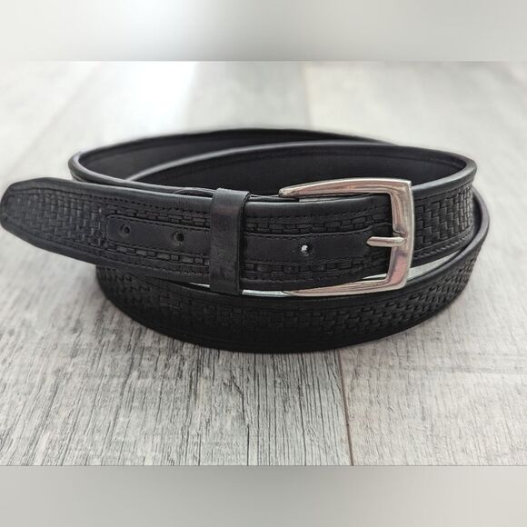 Tommy Bahama Black Brown Leather Belt Braided with Silver Buckle Size 44 - Picture 2 of 11